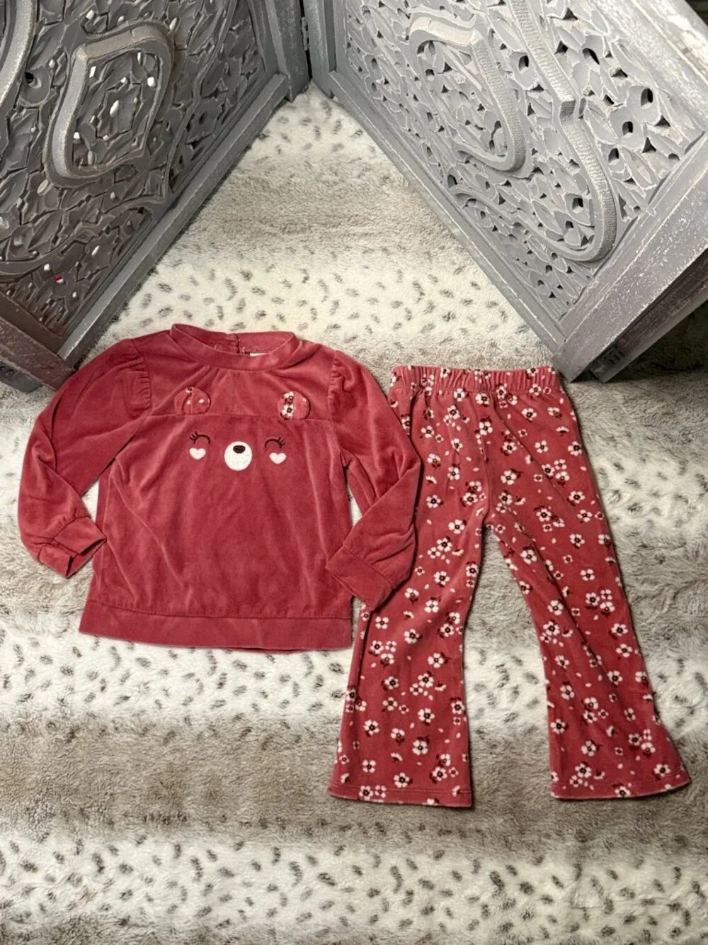 Little Lass pink fleece matching set girls 2T teddy bear floral girlhoodcore